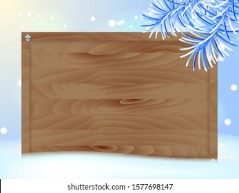 Abstract background with blue branches of fir-tree and wooden board. Vector illustration
