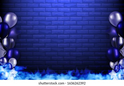 abstract background of blue brick, smoke and balloons, party concept