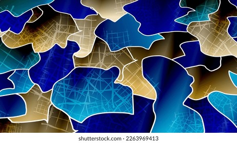 Abstract background in blue and brown tones. Overlapping shapeless textured objects with a white stroke form a mottled surface. Vector.