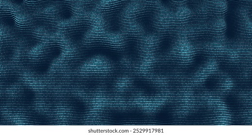 Abstract background from blue chaotic size dots in wavy lines on dark  blue. Dotted concept with texturing effect. Banner for business, science and technology data analytics.
