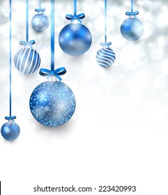 Fondo abstracto con bolas de navidad azules. Ilustración vectorial. 