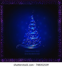 Abstract background with blue christmas tree, lights and stars. Vector illustration in blue colors.