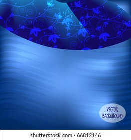 Abstract background in blue color with floral element in header. Vector illustration.