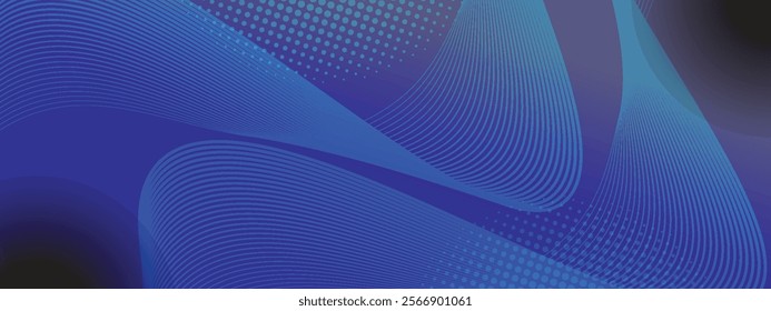 Abstract background with blue color glowing geometric wavy spiral lines particle. Modern minimal trendy shiny lines pattern. Vector illustration