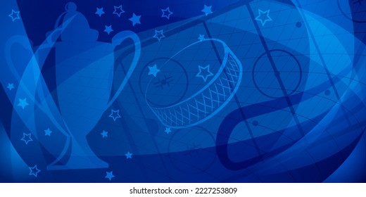 Abstract background in blue colors with different hockey symbols such as puck, stick, ice rink, cup