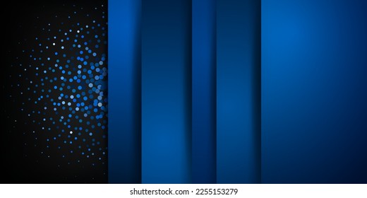 Abstract background in blue colors with several overlapping surfaces with shadows and a lot of small sparkles