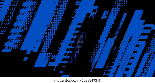 Abstract background with blue diagonal stripes and black polka dots.