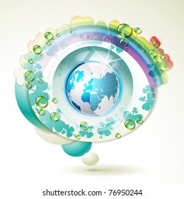 Abstract background with blue Earth, clover, rainbow and drops of water