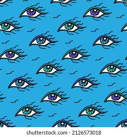 Abstract background with blue eyes. The divine eye looks at the world penetratingly. Seamless pattern for the design of occult, esoteric products from the evil eye. Hand drawn vector illustration. 