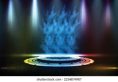 abstract background of blue futuristic hud display interface with smoke