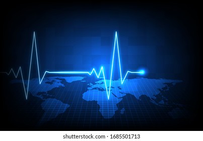 Abstract Background Of Blue Futuristic Technology World Maps And Digital ECG Heartbeat Pulse Line Wave Monitor