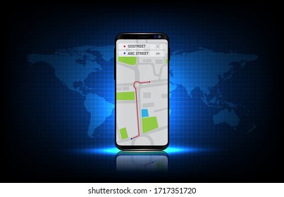 fondo abstracto de la tecnología azul futurista Navegación gps aplicación de mapas en teléfonos móviles inteligentes