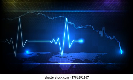 Abstract Background Of Blue Futuristic Technology Digital ECG Heartbeat Pulse Line Wave Monitor And Stock Market Candle Graph