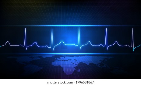 abstrakter Hintergrund der blauen futuristischen Technologie, digitaler EKG-Herzschlag-Pulslinienmonitor und Weltkarte