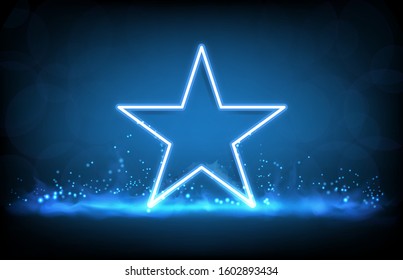 abstract background of blue glowing neon star and smoke