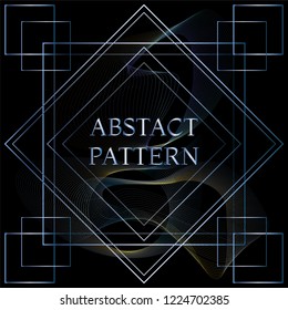 Abstract background of blue and gold round particles in geometric frames.