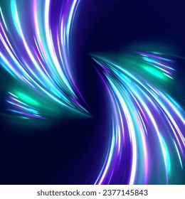Abstract background in blue, green, yellow and orange neon colors. 3D vibrant color motion blured light trails. Colored sparks of spiral wave. Light high speed zoom fast night background vector.