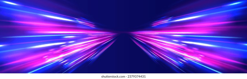 Abstract background in blue, green, yellow and orange neon colors. 3D vibrant color motion blured light trails. Colored sparks of spiral wave. Light high speed zoom fast night background vector.