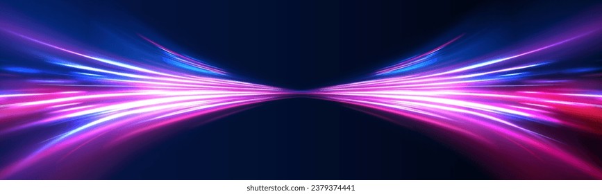 Abstract background in blue, green, yellow and orange neon colors. 3D vibrant color motion blured light trails. Colored sparks of spiral wave. Light high speed zoom fast night background vector.