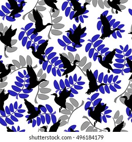 Abstract background with blue and grey leaves and black silhouette of birds. Beautiful seamless pattern. Perfect for textile, cover, wall paper, interior design. Outline style. Vector illustration.  
