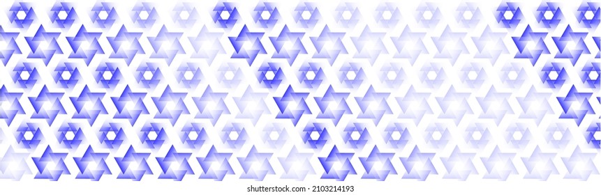 Abstract background with blue hexagonal stars arranged in rows, at an angle on a white background. Stars are made up of triangles.