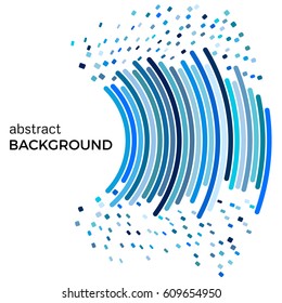 Abstract background with blue lines and flying pieces. Colored circles with place for your text  on a white background.
