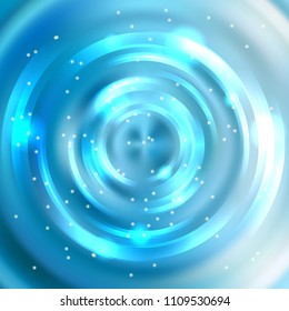 Abstract background with blue luminous swirling backdrop. Vector infinite round tunnel of shining flares.