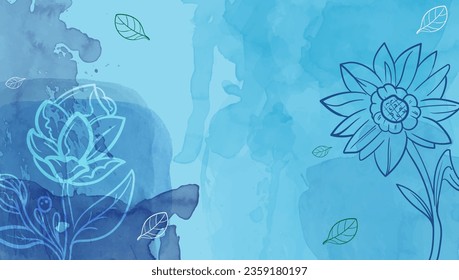 Abstract Background blue Luxury minimal style wallpaper with outline art flower and botanical leaves, Organic shapes, Watercolor. Vector background for banner, poster, Web and packaging.