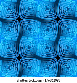 Abstract background with blue maze flower elements on black background