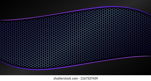Abstract background blue mesh hexagon background with gray curved stripes with purple edges. vector illustration 3d