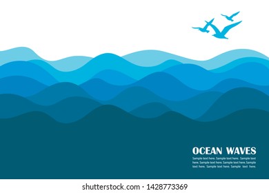 abstract background of blue ocean waves and seagulls
