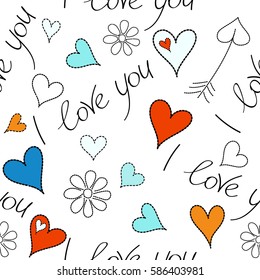 Abstract background in blue and orange colors on a white. Valentines day background. Vector seamless Valentine pattern with different hearts.