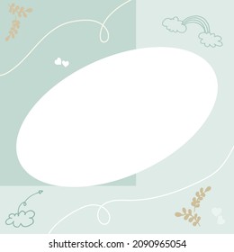 abstract background. blue pastel color. hand drawn vector. leaf, heart and cute cloud illustration. blank space for text. doodle art for greeting and invitation card, poster, banner, label. frame