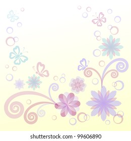 Abstract background: blue and pink flowers, butterflies and leaves. Vector