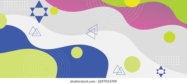 Abstract background with blue, pink, and green wavy shapes, geometric elements, and circle patterns, perfect for modern designs, presentations, and web banners.
