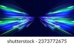Abstract background in blue and purple neon glow colors. Speed Motion Blur Abstract Colorful Striped Background. Panoramic high speed concept, light abstract background. Future technology line.