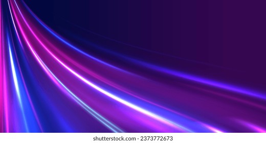 Abstract background in blue and purple neon glow colors. Speed Motion Blur Abstract Colorful Striped Background. Panoramic high speed concept, light abstract background. Future technology line.