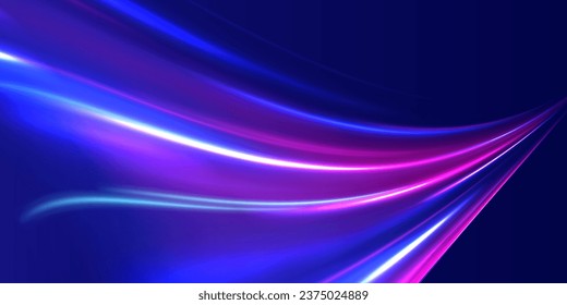 Abstract background in blue and purple neon glow colors. Speed Motion Blur Abstract Colorful Striped Background. Panoramic high speed concept, light abstract background. Future technology line.