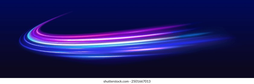 Abstract background in blue and purple neon glow colors. Vector blue glowing lines air flow effect. Speed connection background.	