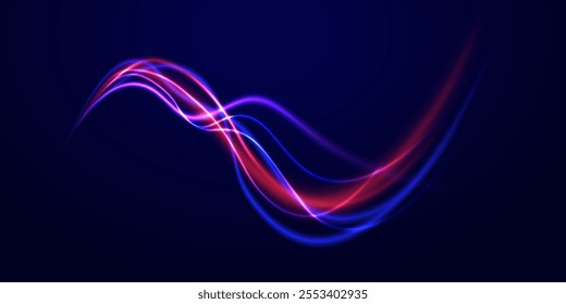 Abstract background in blue and purple neon glow colors. Png, lens, light, neon, line, blur, beam, ray. Laser beams luminous abstract sparkling isolated on a transparent background. 