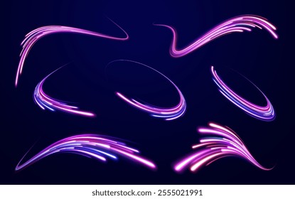 Abstract background in blue and purple neon glow colors. Png, lens, light, neon, line, blur, beam, ray. Laser beams luminous abstract sparkling isolated on a transparent background. 