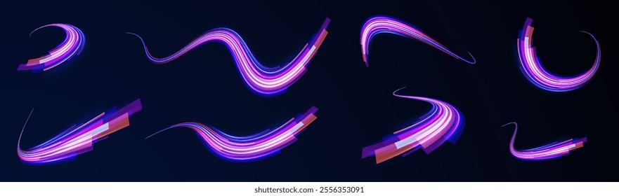 Abstract background in blue and purple neon glow colors. Png, lens, light, neon, line, blur, beam, ray. Laser beams luminous abstract sparkling isolated on a transparent background.  