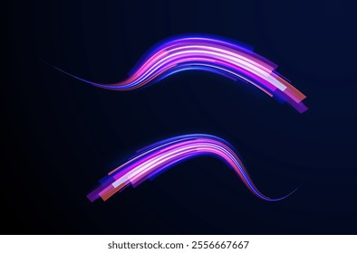 Abstract background in blue and purple neon glow colors. Png, lens, light, neon, line, blur, beam, ray. Laser beams luminous abstract sparkling isolated on a transparent background.  