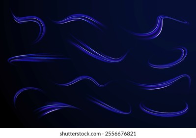 Abstract background in blue and purple neon glow colors. Png, lens, light, neon, line, blur, beam, ray. Laser beams luminous abstract sparkling isolated on a transparent background.  