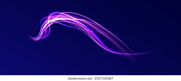Abstract background in blue and purple neon glow colors. Png, lens, light, neon, line, blur, beam, ray. Laser beams luminous abstract sparkling isolated on a transparent background. 