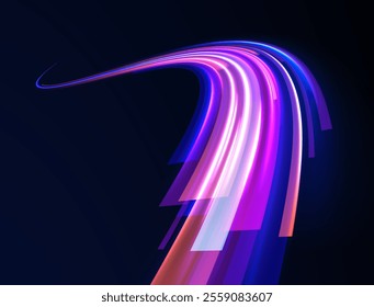 Abstract background in blue and purple neon glow colors. Png, lens, light, neon, line, blur, beam, ray. Laser beams luminous abstract sparkling isolated on a transparent background.  