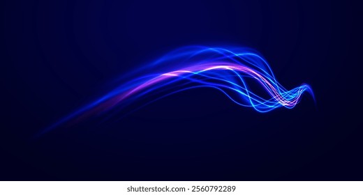 Abstract background in blue and purple neon glow colors. Png, lens, light, neon, line, blur, beam, ray. Laser beams luminous abstract sparkling isolated on a transparent background. 