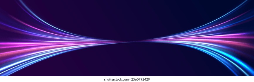 Abstract background in blue and purple neon glow colors. Png, lens, light, neon, line, blur, beam, ray. Laser beams luminous abstract sparkling isolated on a transparent background. 