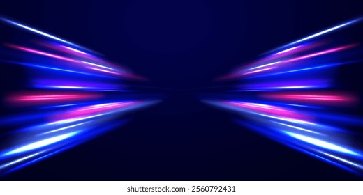 Abstract background in blue and purple neon glow colors. Png, lens, light, neon, line, blur, beam, ray. Laser beams luminous abstract sparkling isolated on a transparent background. 