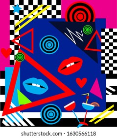 Abstract background with blue and red lips and mosaic